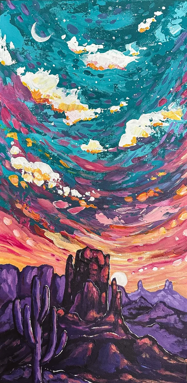 Radiant desert sunset over layered mountain silhouettes, painting by Brigitte De Marco