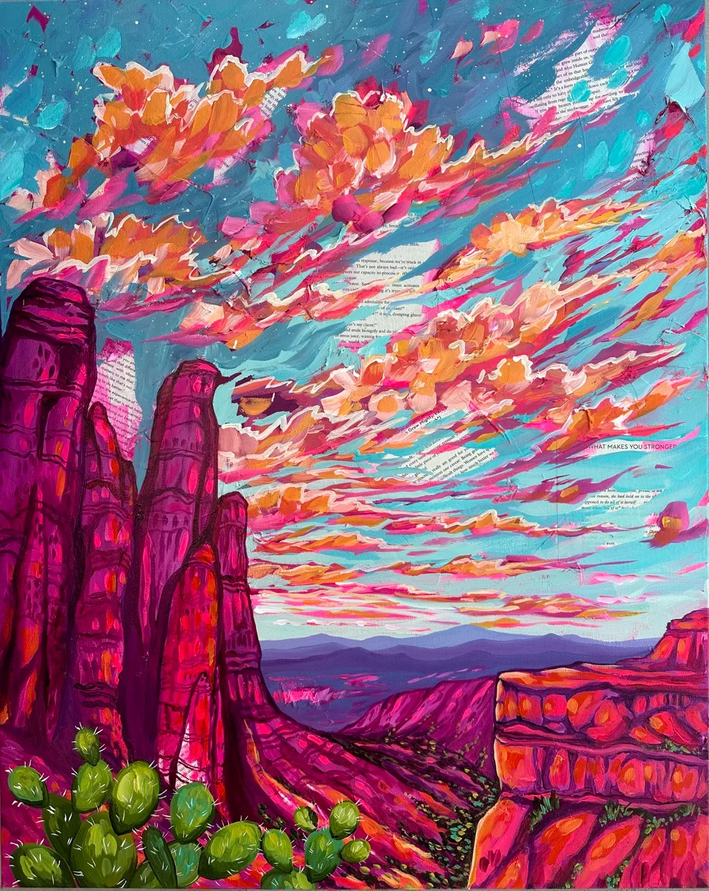 Sunlit red rock spires with desert wildflowers at golden hour, painting by Brigitte De Marco
