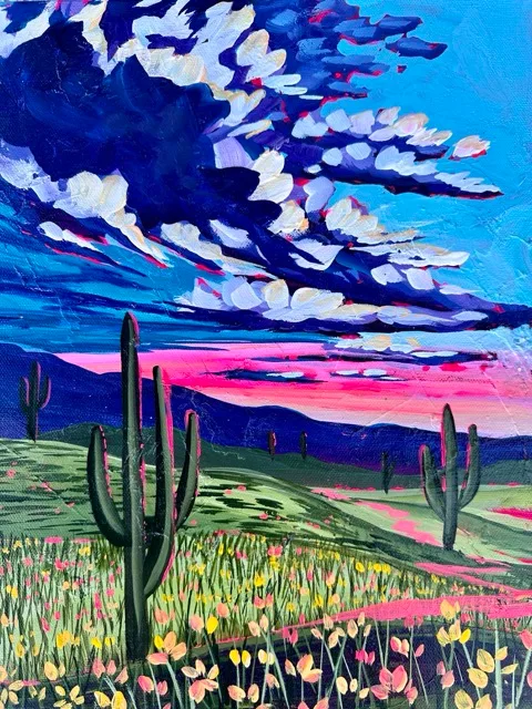 Saguaros on a green desert flat under soft monsoon light, painting by Brigitte De Marco