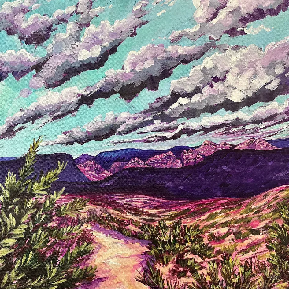 Desert wash trail under monsoon clouds, painting by Brigitte De Marco