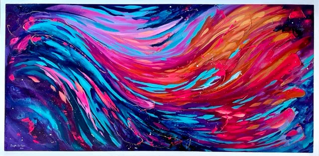 Sweeping red and blue night-sky abstract with flowing star trails, painting by Brigitte De Marco