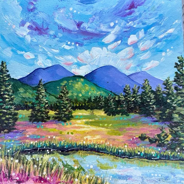 Lockett Meadow and the San Francisco Peaks in bloom, painting by Brigitte De Marco