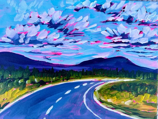 Open desert highway toward blue mountains under a swirling sky, painting by Brigitte De Marco