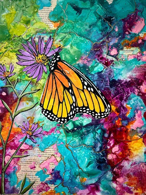 Monarch butterfly on a purple aster bloom over a vivid abstract collage, painting by Brigitte De Marco