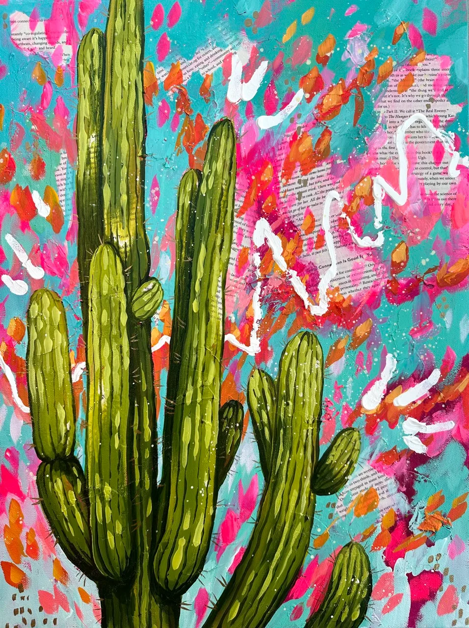 Green saguaro cacti against a hot pink and turquoise abstract background, painting by Brigitte De Marco
