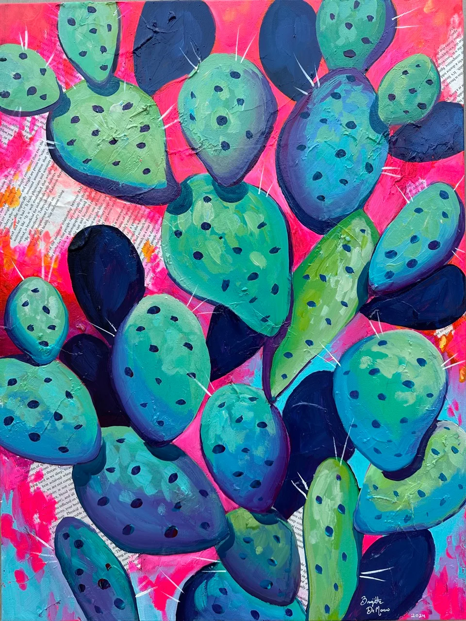 Blue-green prickly pear pads layered over a pink and teal patterned ground, painting by Brigitte De Marco