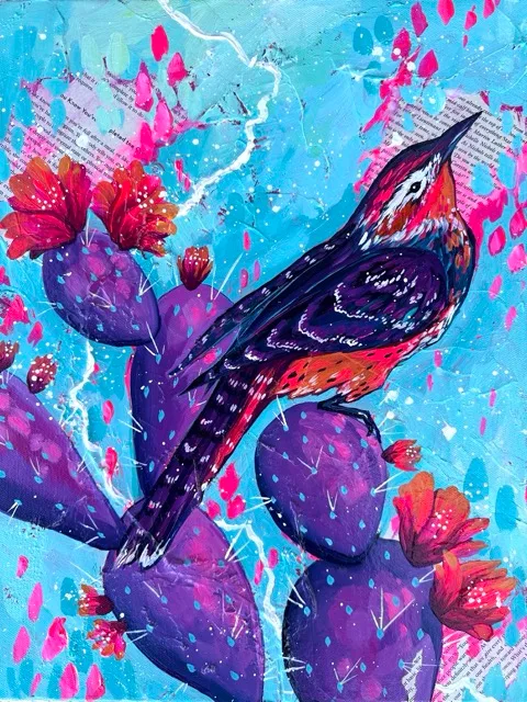 A cactus wren perched on flowering cactus in purples and reds, painting by Brigitte De Marco