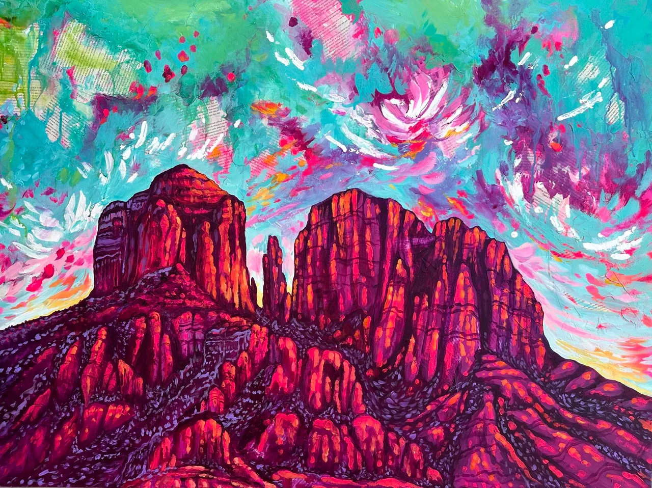 Red rock formations of Sedona under a swirling pastel sky, painting by Brigitte De Marco