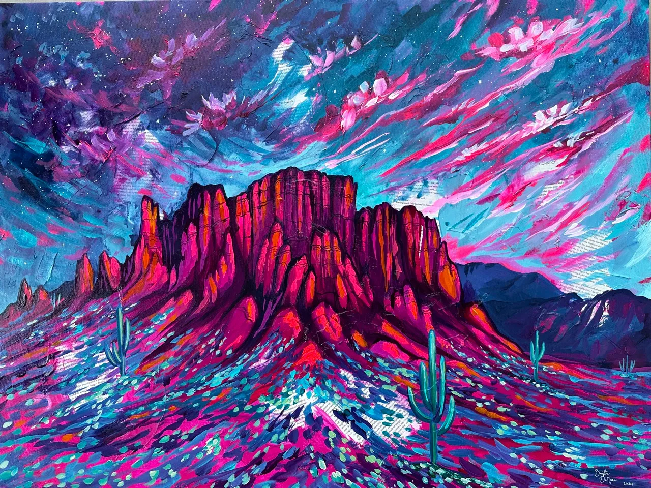 The Superstition Mountains glowing crimson beneath a starry magenta sky, painting by Brigitte De Marco