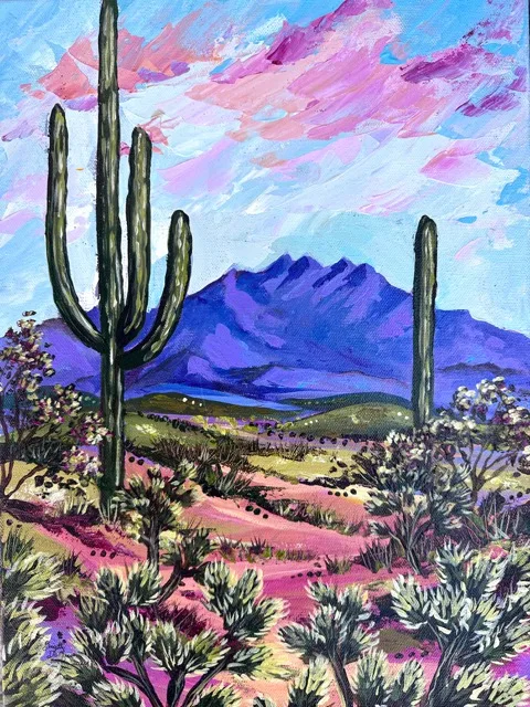 Saguaro standing before the Four Peaks range at dusk, painting by Brigitte De Marco