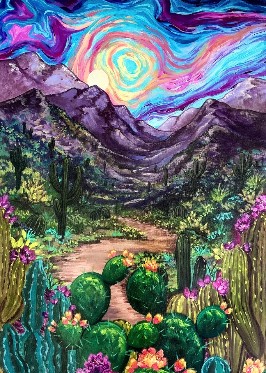 An Arizona West Valley sunset in saturated color, painting by Brigitte De Marco
