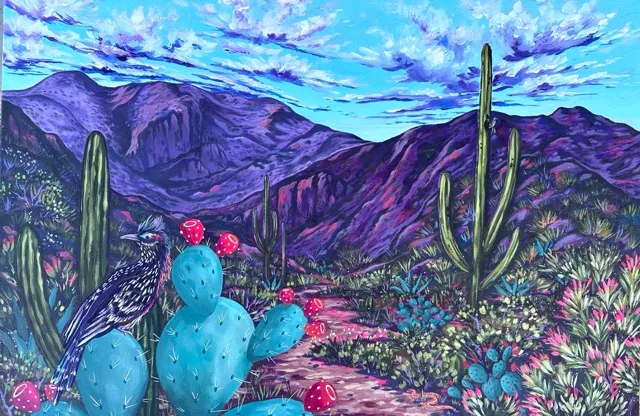 The White Tank Mountains with saguaros and prickly pear under violet clouds, painting by Brigitte De Marco