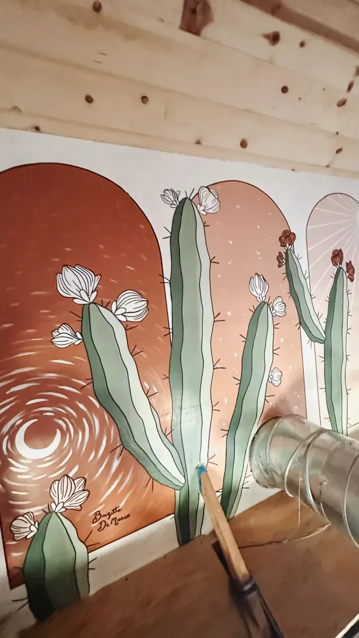 Interior boho arch mural with blooming cacti, signed Brigitte De Marco