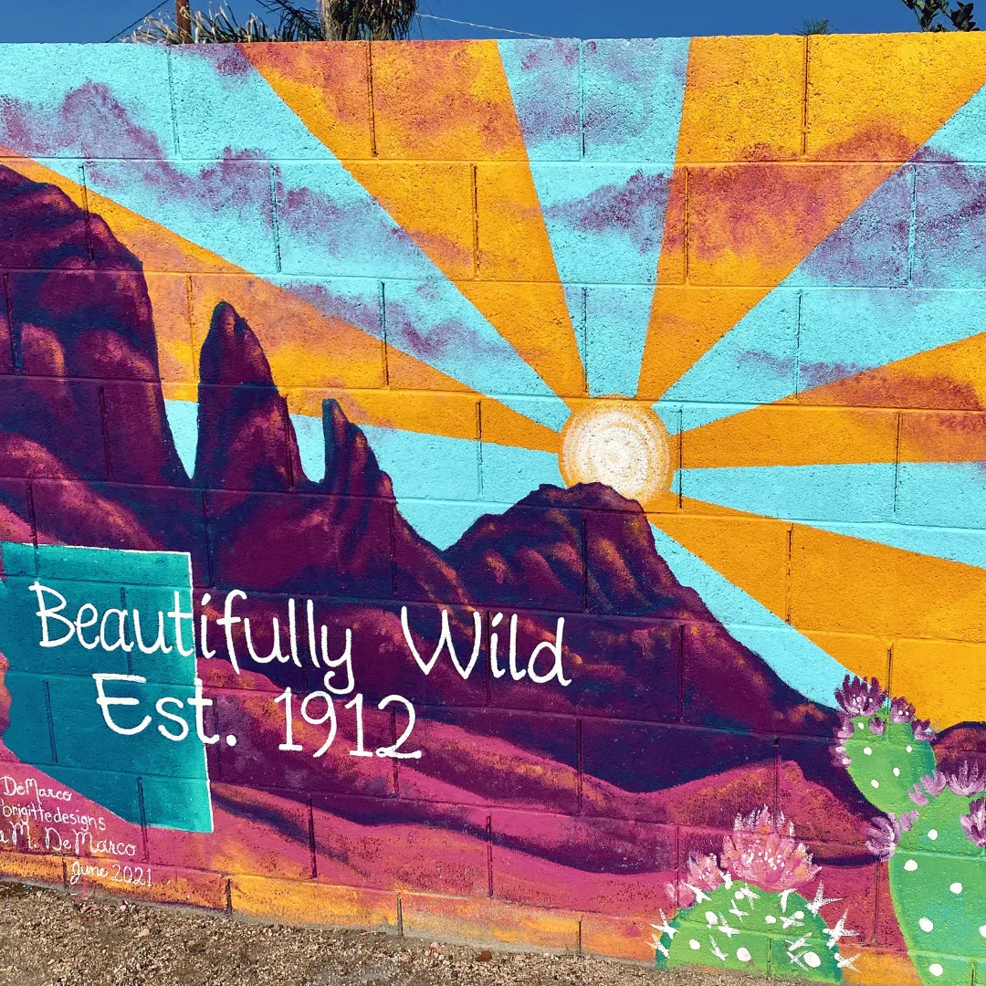 Completed colorful mural wall by Brigitte De Marco