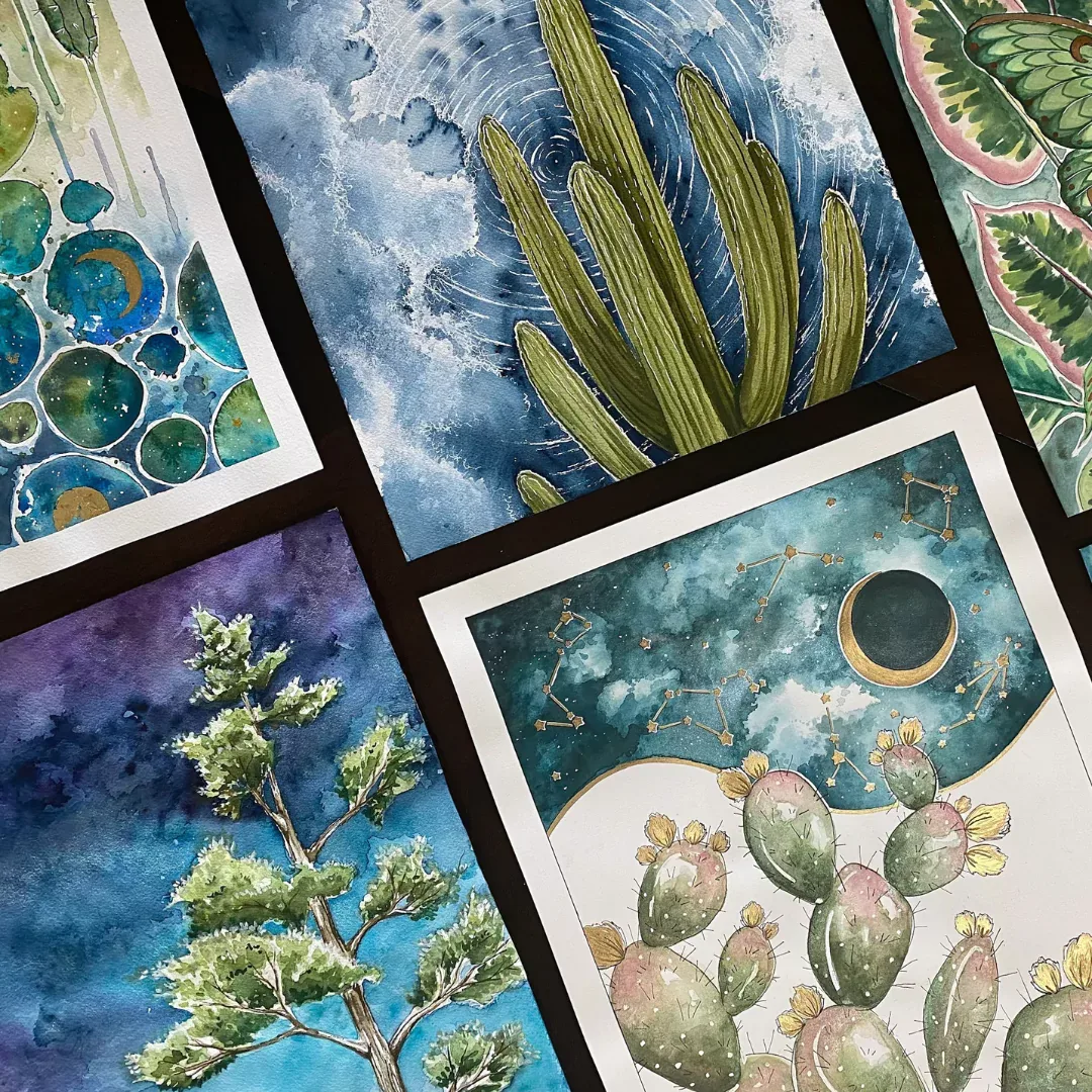 A grid of watercolor and acrylic desert paintings by Brigitte De Marco